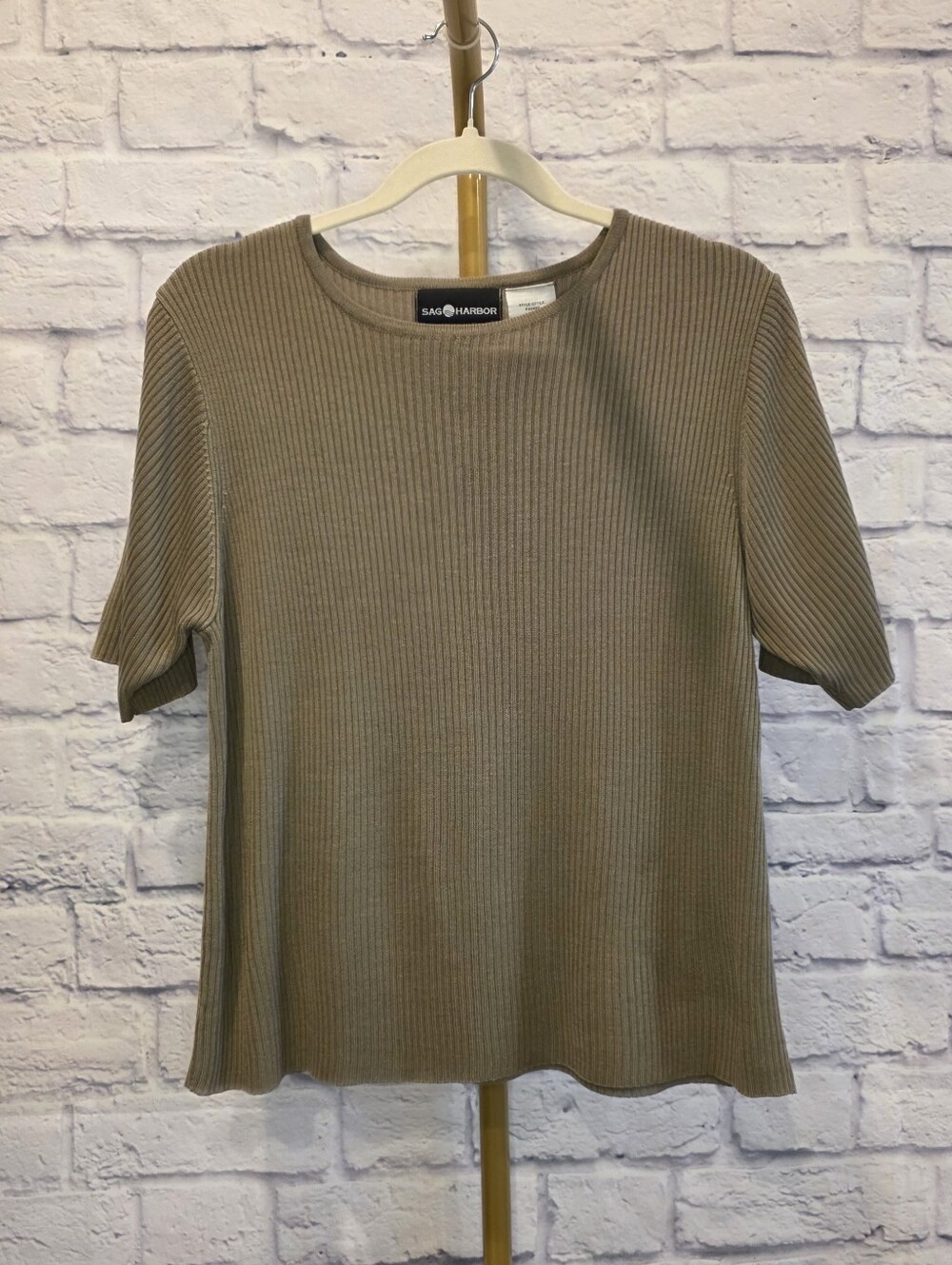 Sag Harbor Vintage Taupe Green Ribbed Short Sleeve Top L